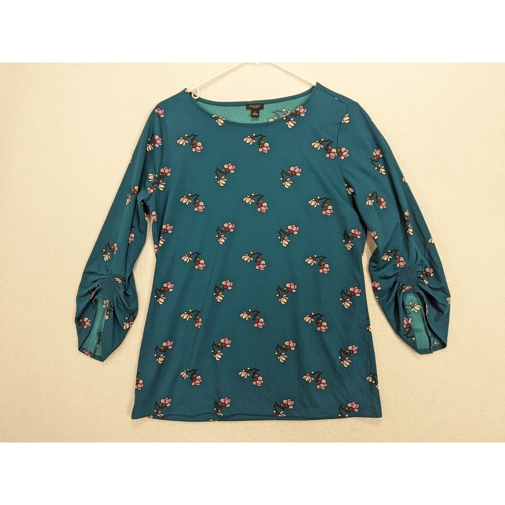 Ann Taylor Factory Top Pullover Sz M Ruched Long Sleeve Flower‎ Cherry Blossom